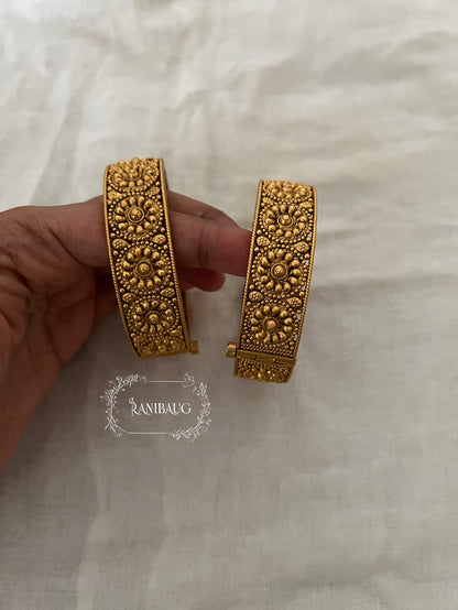 Diya Temple Carved Gold Finish Floral Designer Heritage Bangles By Ranibaug