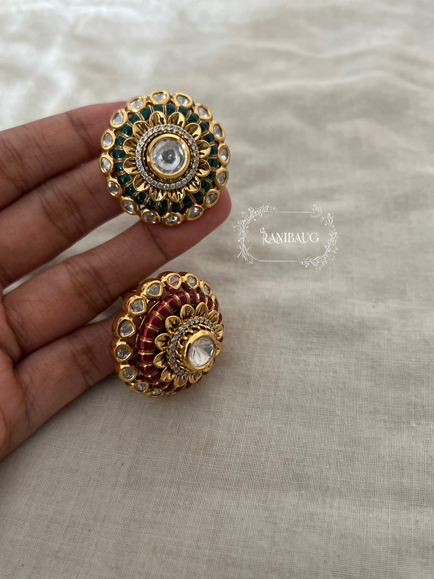 Draupadi Royal Dome Ring With Raised Meenakari Work In Rich Gold Finish by Ranibaug