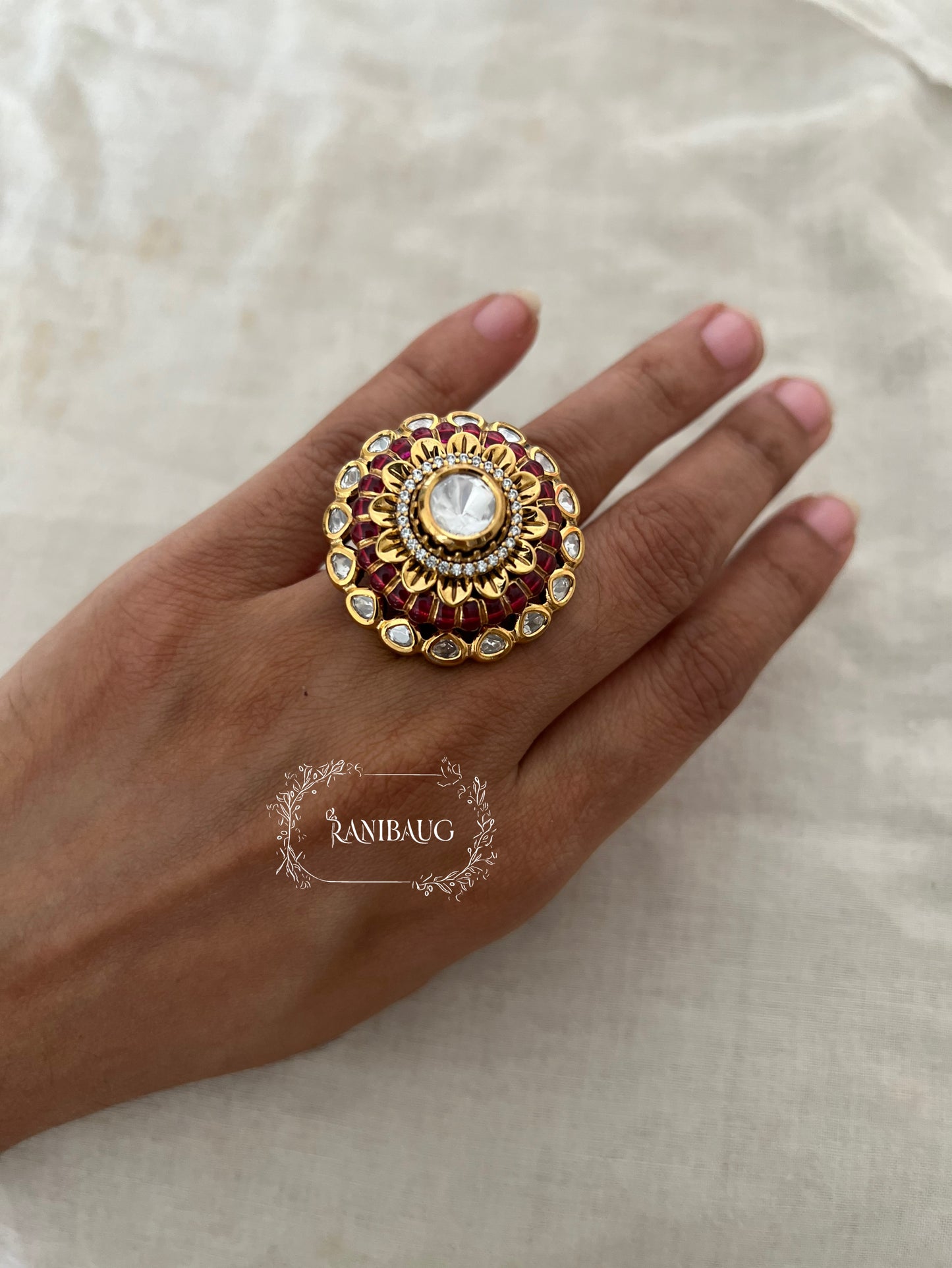 Draupadi Royal Dome Ring With Raised Meenakari Work In Rich Gold Finish by Ranibaug