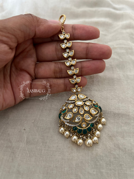 Drishti Royal Emerald Grace Polki Studded Pearl Adorned Maang Tikka Jewellery By Ranibaug