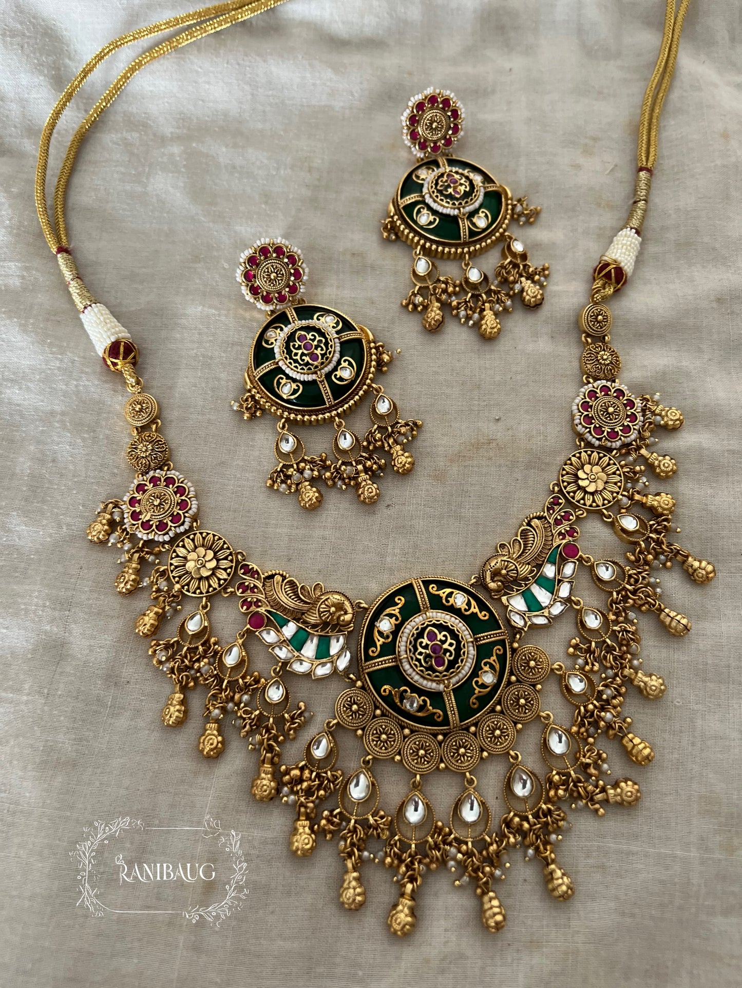 Dua Polki Studded South Indian Style Floral Motifs With Golden And Kundan Drops Gold Plated Heritage Set By Ranibaug