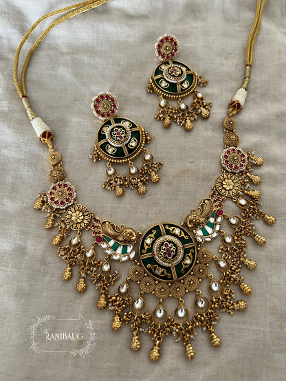 Dua Polki Studded South Indian Style Floral Motifs With Golden And Kundan Drops Gold Plated Heritage Set By Ranibaug
