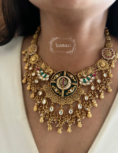 Dua Polki Studded South Indian Style Floral Motifs With Golden And Kundan Drops Gold Plated Heritage Set By Ranibaug