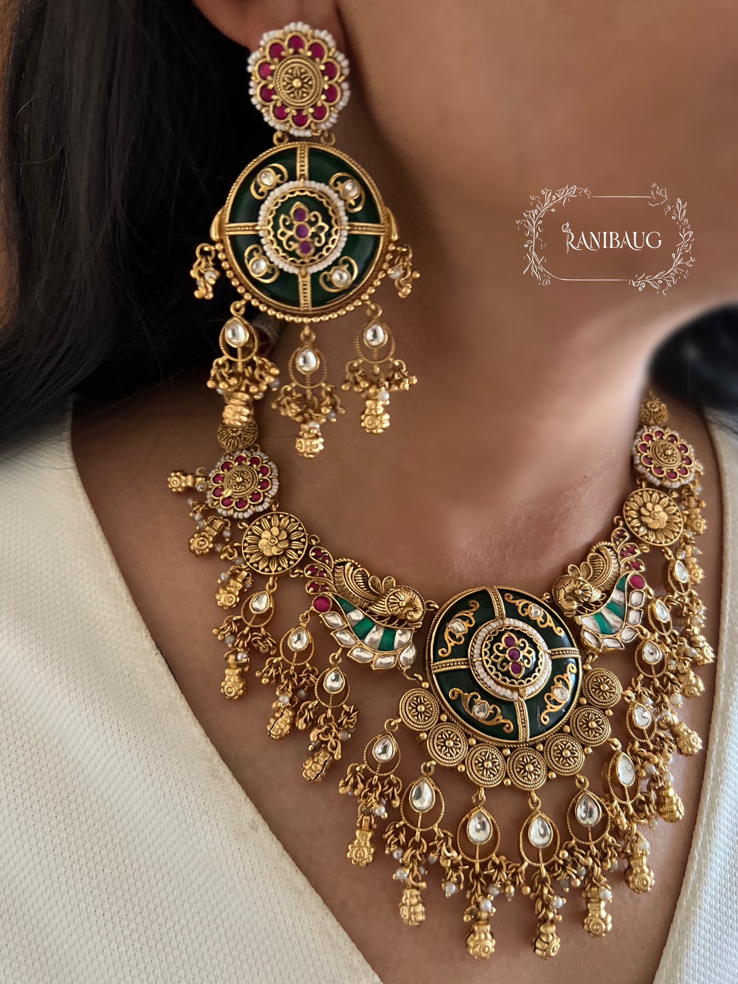 Dua Polki Studded South Indian Style Floral Motifs With Golden And Kundan Drops Gold Plated Heritage Set By Ranibaug