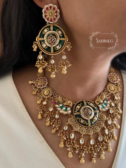Dua Polki Studded South Indian Style Floral Motifs With Golden And Kundan Drops Gold Plated Heritage Set By Ranibaug