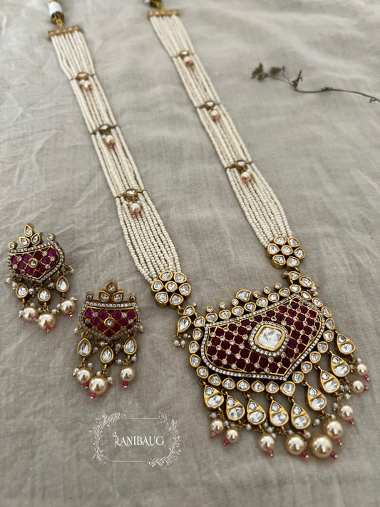 Ananya Long Indian Polki Kundan Premium Gold Finish Pearl Tassel Necklace Set By Ranibaug
