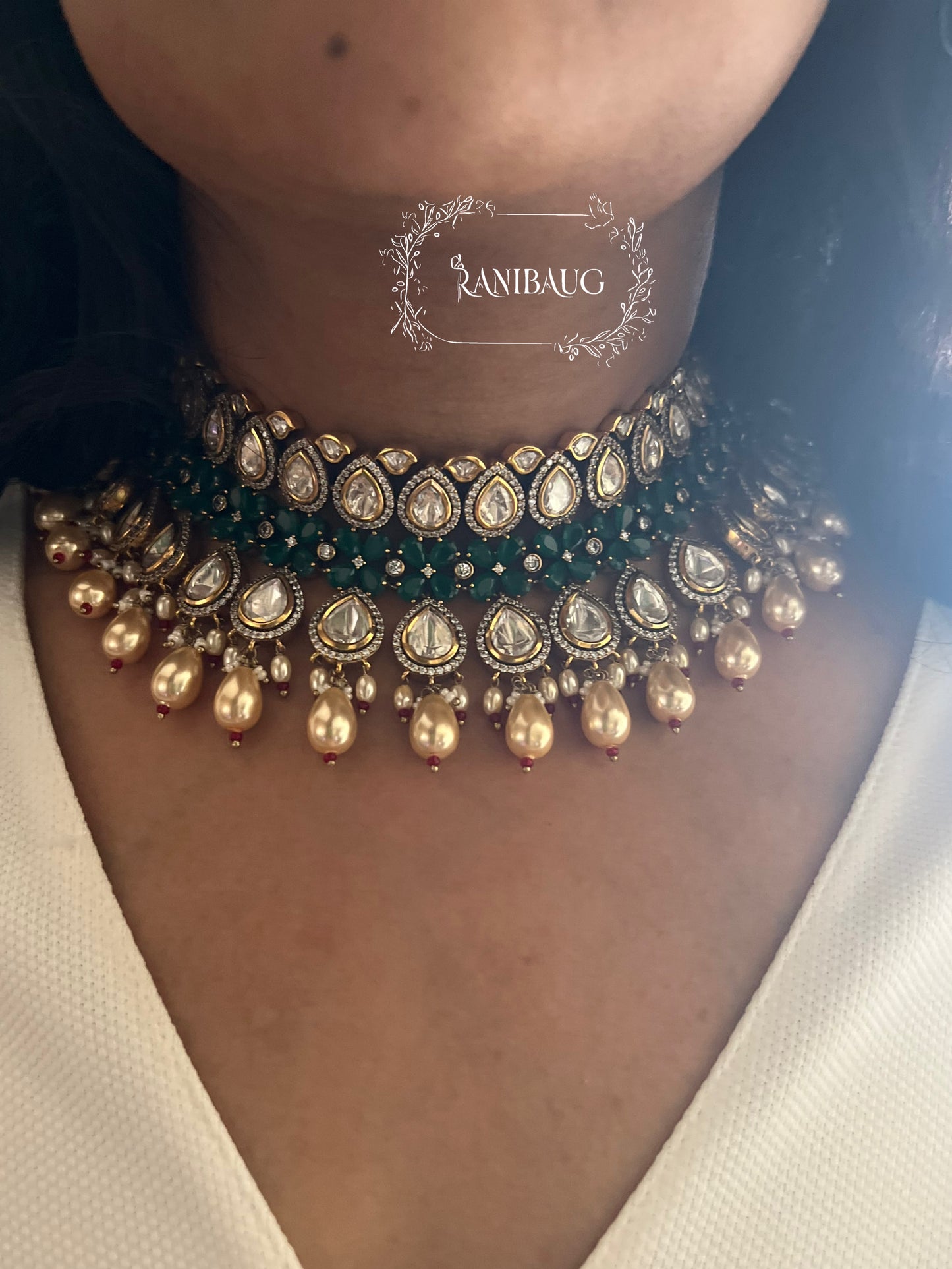 Ekaja Emerald Green Accent Polki Kundan And Pearl Necklace Jewelry Set By Ranibaug