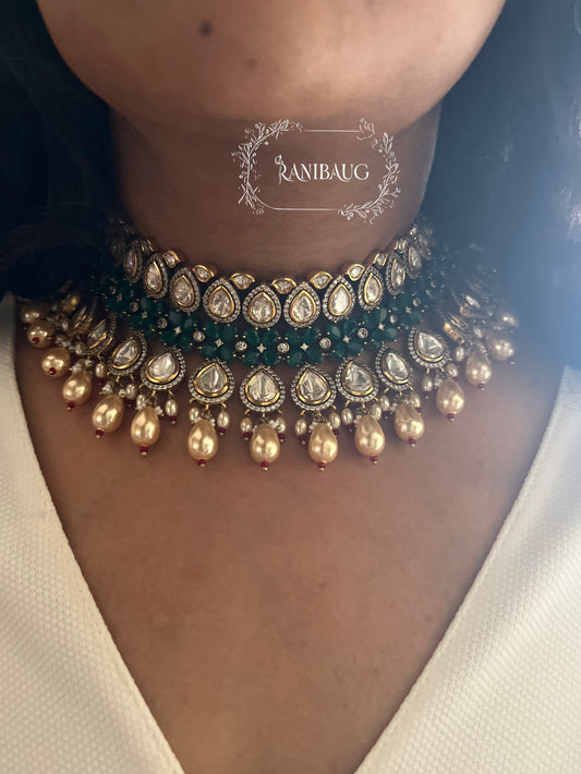 Ekaja Emerald Green Accent Polki Kundan And Pearl Necklace Jewelry Set By Ranibaug