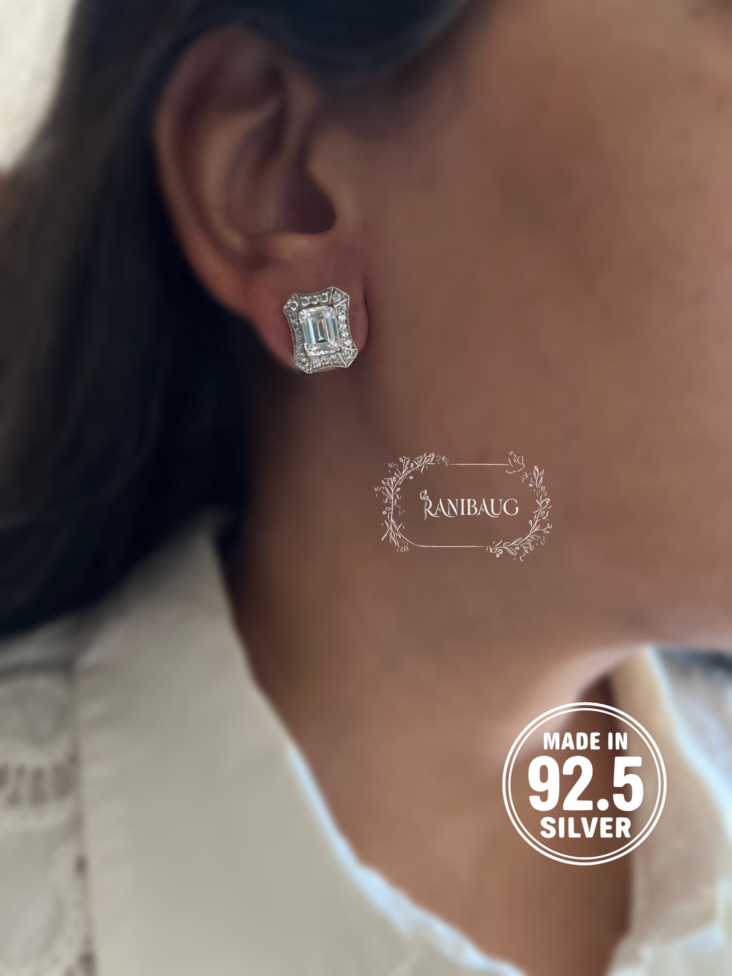 Elara 92.5 Silver Emerald Cut Zirconia Ear Studs By Ranibaug