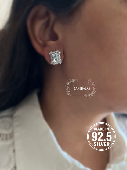 Elara 92.5 Silver Emerald Cut Zirconia Ear Studs By Ranibaug