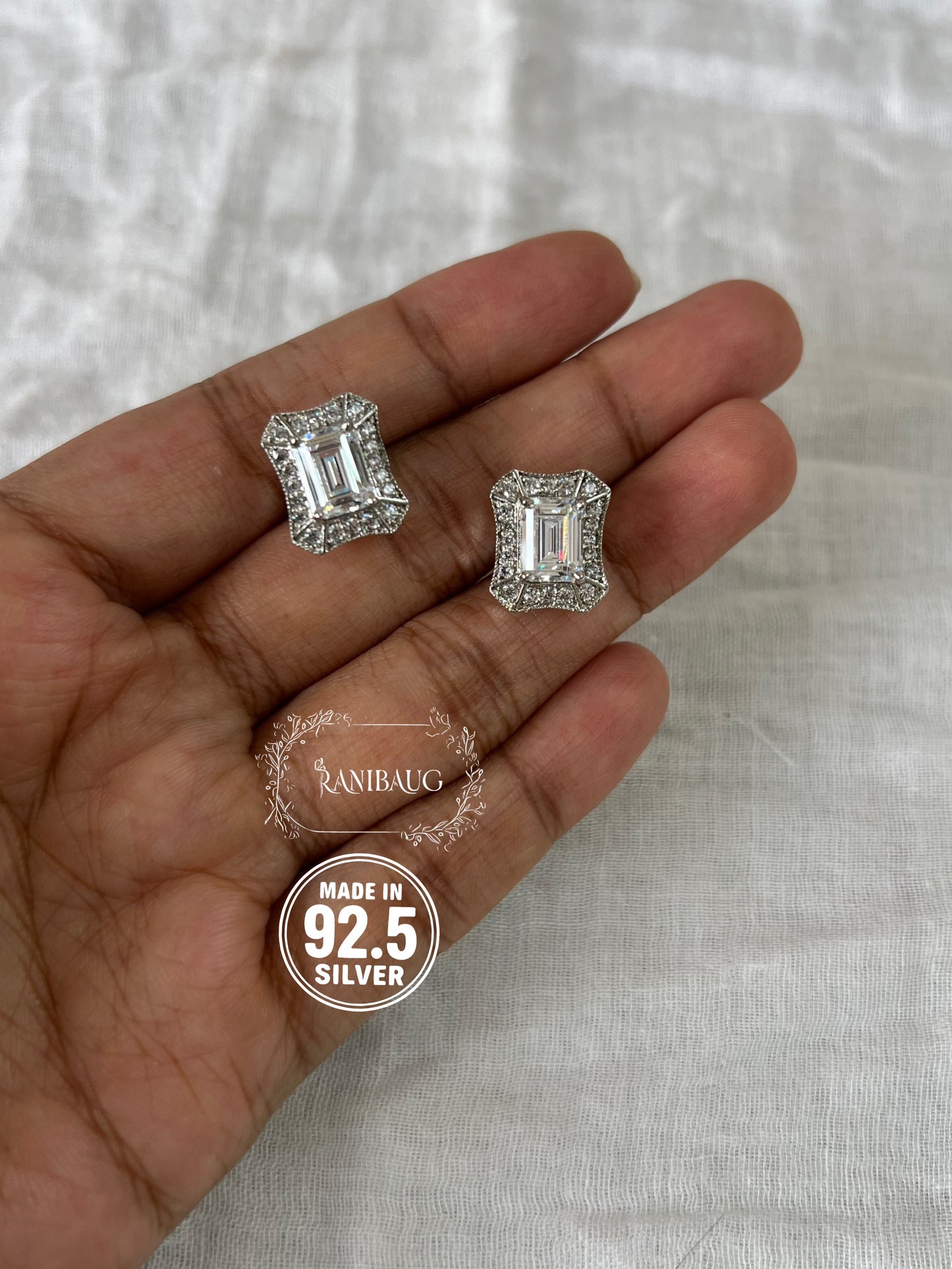 Elara 92.5 Silver Emerald Cut Zirconia Ear Studs By Ranibaug