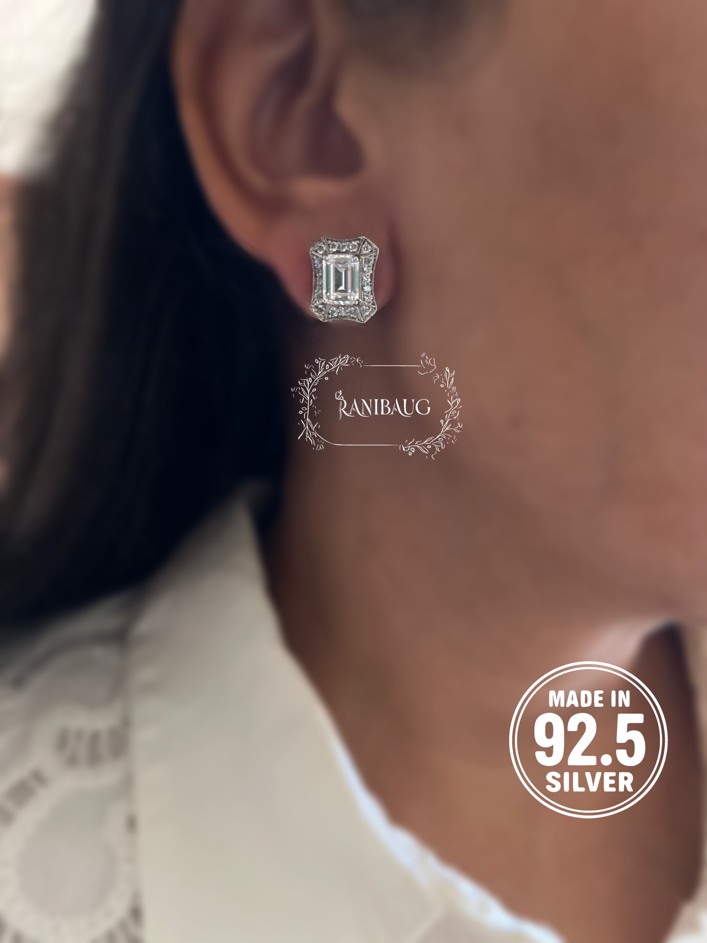 Elara 92.5 Silver Emerald Cut Zirconia Ear Studs By Ranibaug