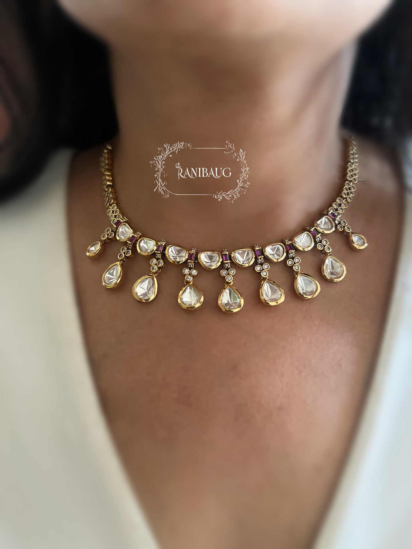 Enara Polki Kundan Gold Finish Teardrop Dangle Motif Necklace Set By Ranibaug