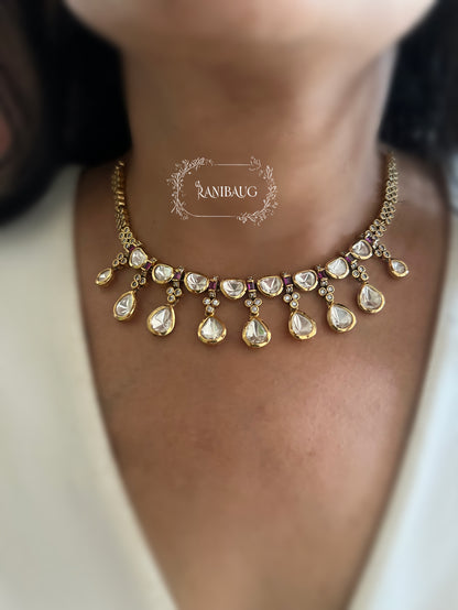 Enara Polki Kundan Gold Finish Teardrop Dangle Motif Necklace Set By Ranibaug