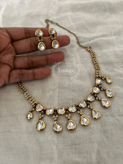 Enara Polki Kundan Gold Finish Teardrop Dangle Motif Necklace Set By Ranibaug