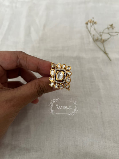Enaya Rectangular Polki Kundan Gold Finish Peacock Motif Ring By Ranibaug