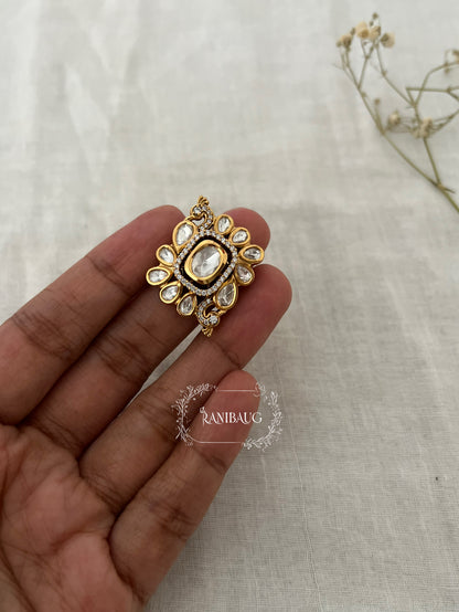 Enaya Rectangular Polki Kundan Gold Finish Peacock Motif Ring By Ranibaug