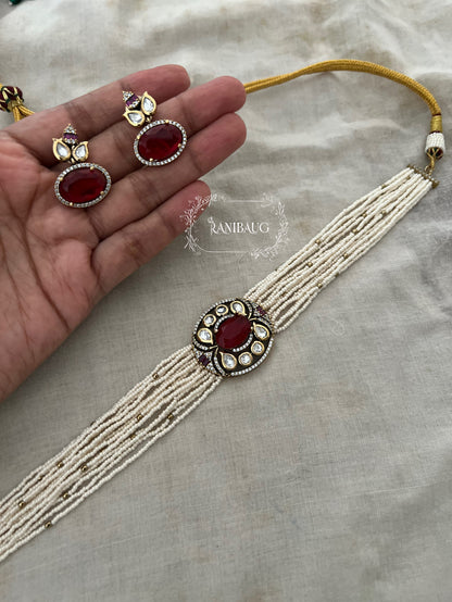 Eshana Royal Pearl Strand Kundan Polki Choker Set By Ranibaug