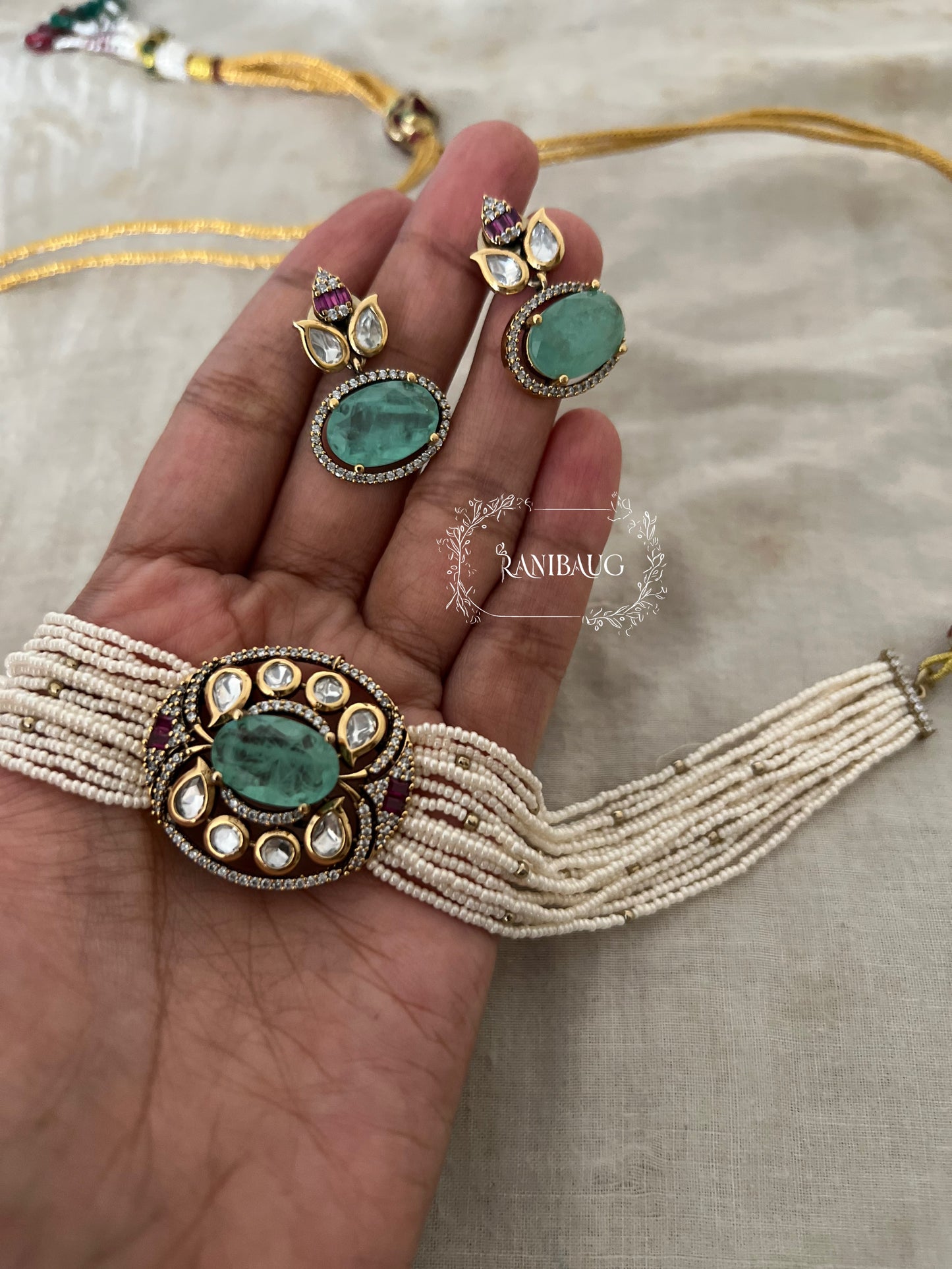 Eshana Royal Pearl Strand Kundan Polki Choker Set By Ranibaug