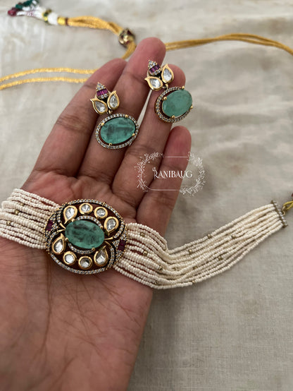 Eshana Royal Pearl Strand Kundan Polki Choker Set By Ranibaug