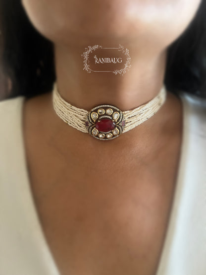 Eshana Royal Pearl Strand Kundan Polki Choker Set By Ranibaug