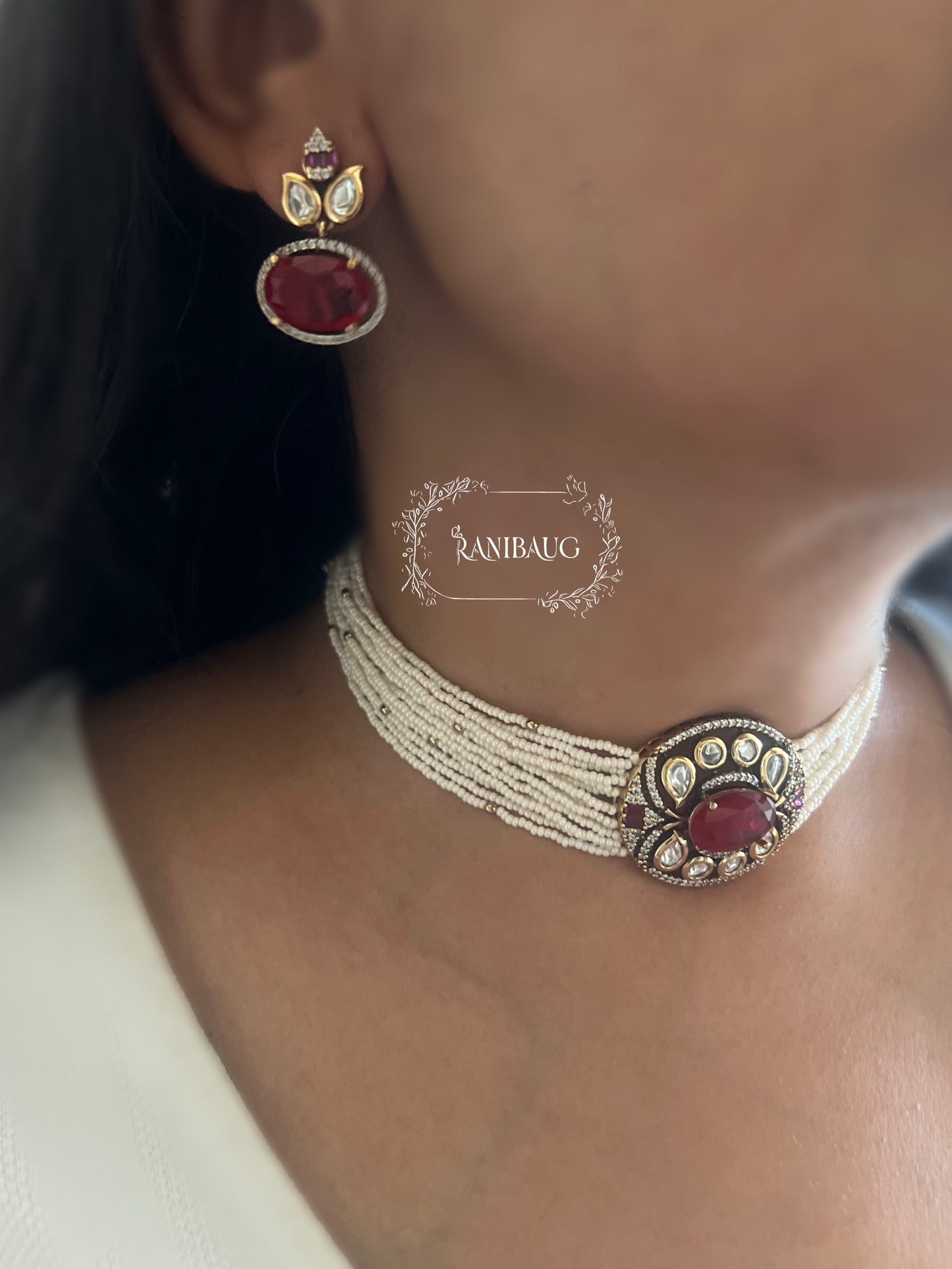 Eshana Royal Pearl Strand Kundan Polki Choker Set By Ranibaug