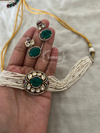 Eshana Royal Pearl Strand Kundan Polki Choker Set By Ranibaug
