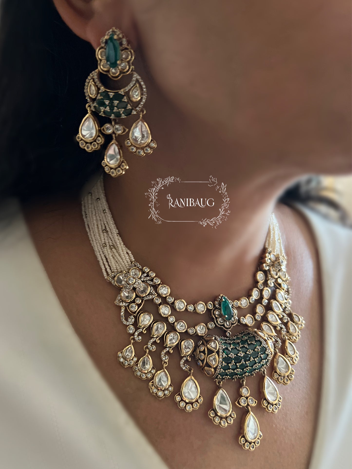 Eshani Emerald Silhouette Layered Polki Festive Jewelry Set With Maang Tikka By Ranibaug | The Royal Wedding Collection 2026