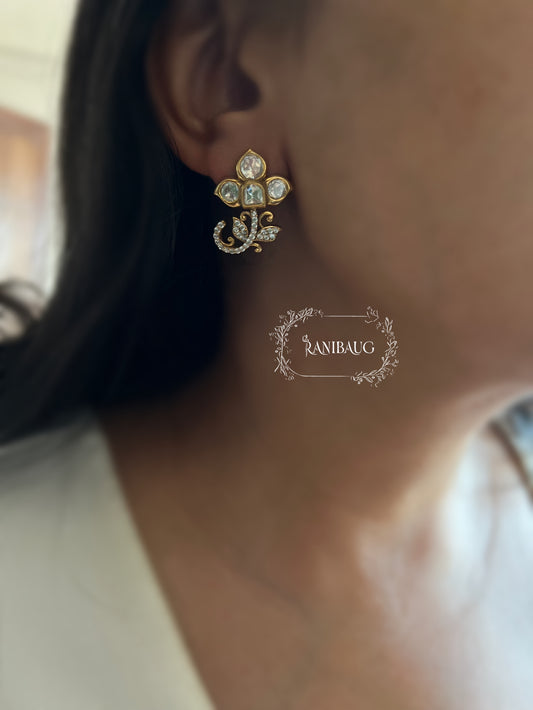 Eshani Floral Leaf Polki Kundan Vine Classic Gold Plated Ear Studs Jewelry By Ranibaug