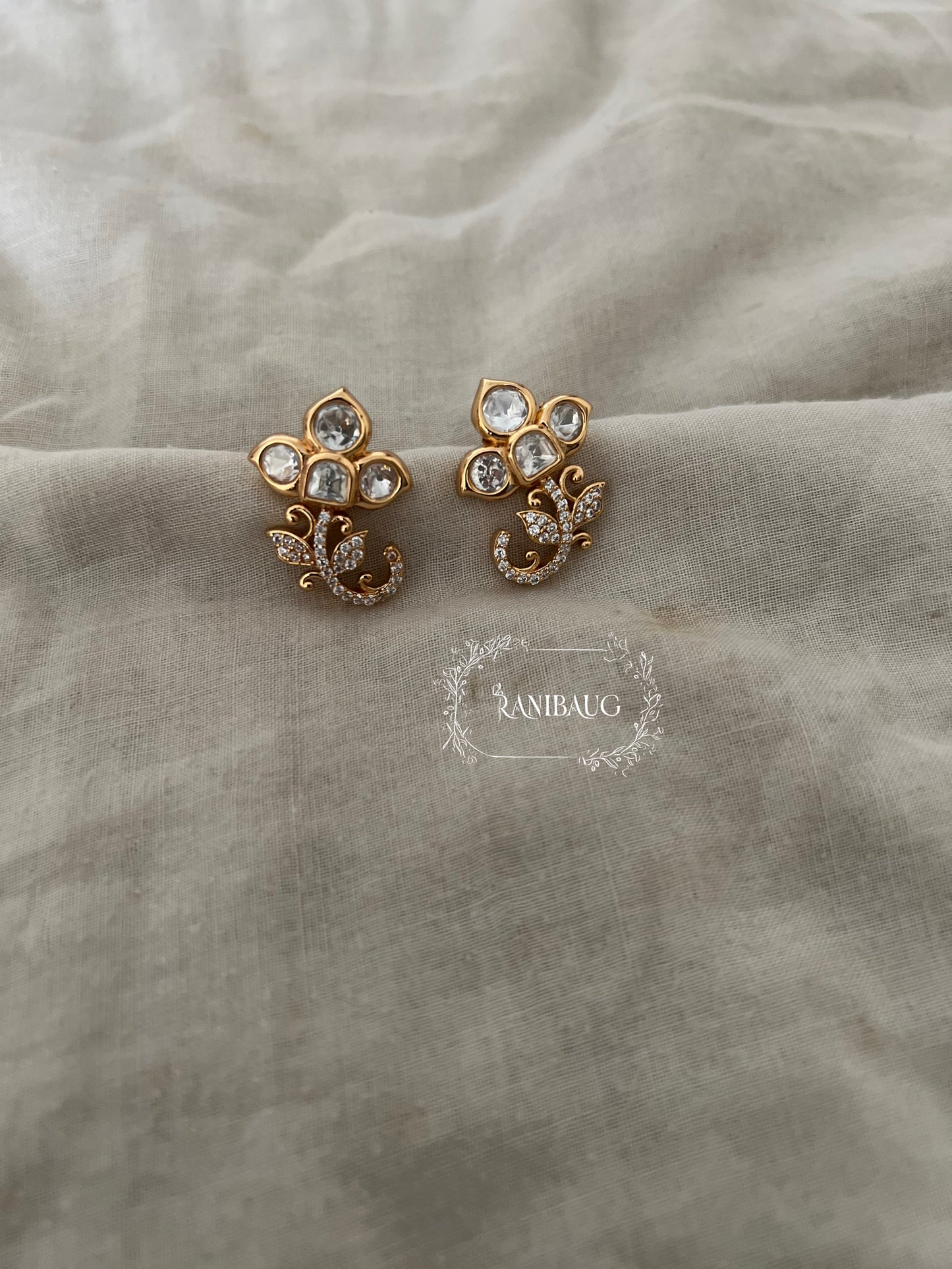 Eshani Floral Leaf Polki Kundan Vine Classic Gold Plated Ear Studs Jewelry By Ranibaug