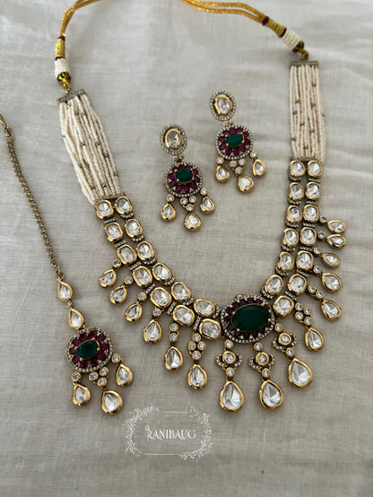 Kumud Light Green Teardrop Center Motif Two Layered Kundan Studded Gold Finish Premium Festive Necklace Set By Ranibaug