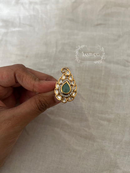 Harsha Gold Plated Intricate Leaf Shaped Kundan Surrounding Teardrop Gemstone Ring Jewelry By Ranibaug