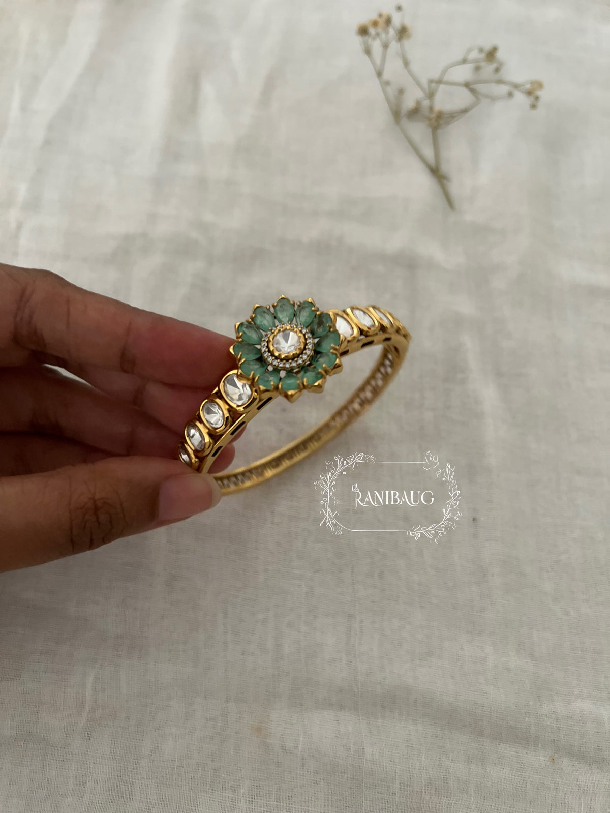 Falak Mint And Pink Flower Motif Polki Mossainite Gold Finish Bracelet By Ranibaug