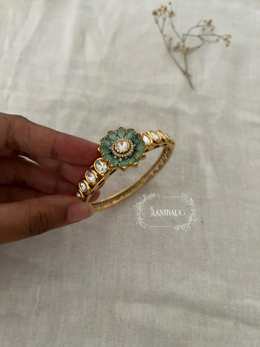 Falak Mint And Pink Flower Motif Polki Mossainite Gold Finish Bracelet By Ranibaug