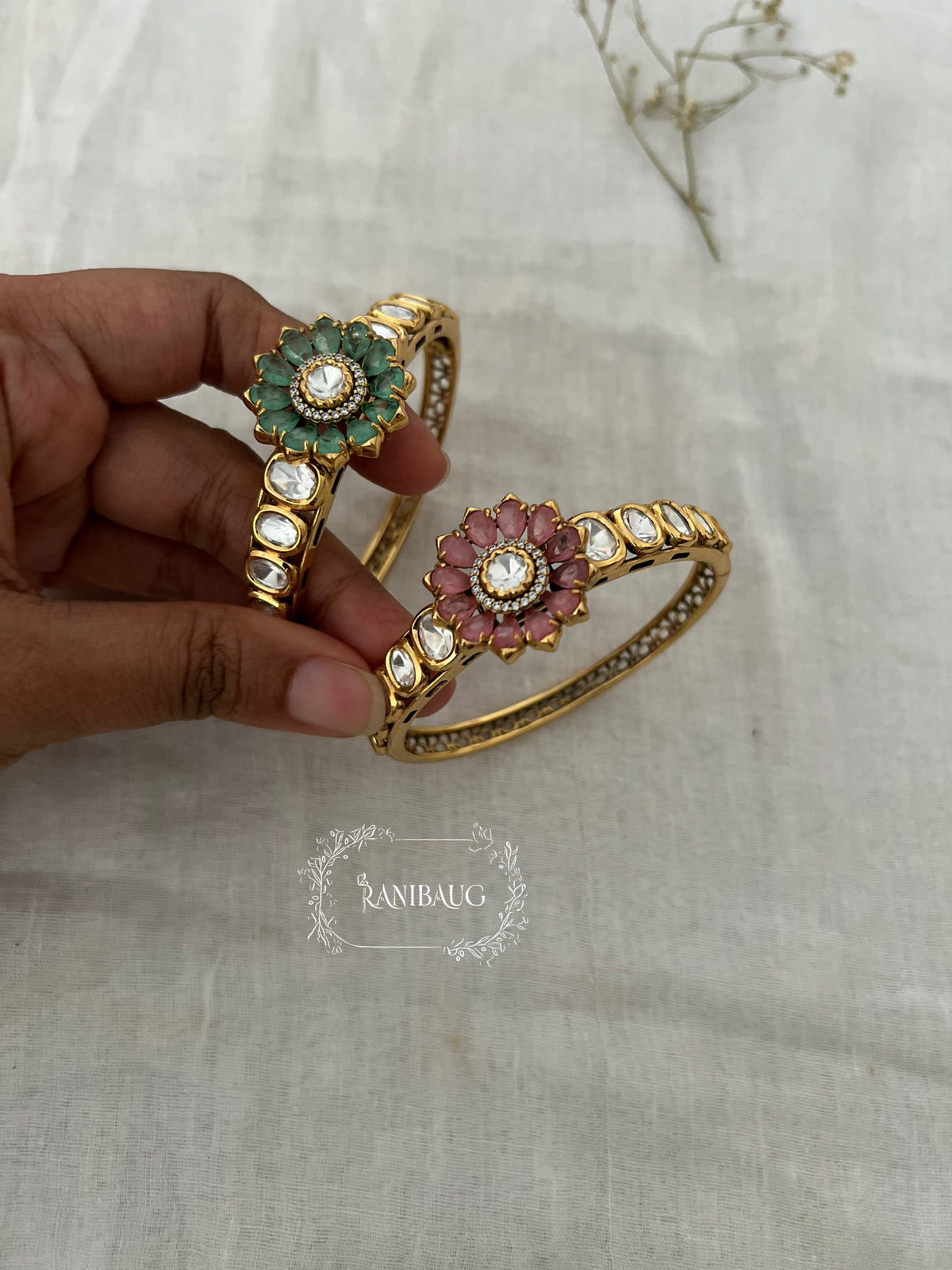 Falak Mint And Pink Flower Motif Polki Mossainite Gold Finish Bracelet By Ranibaug