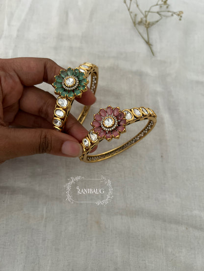 Falak Mint And Pink Flower Motif Polki Mossainite Gold Finish Bracelet By Ranibaug