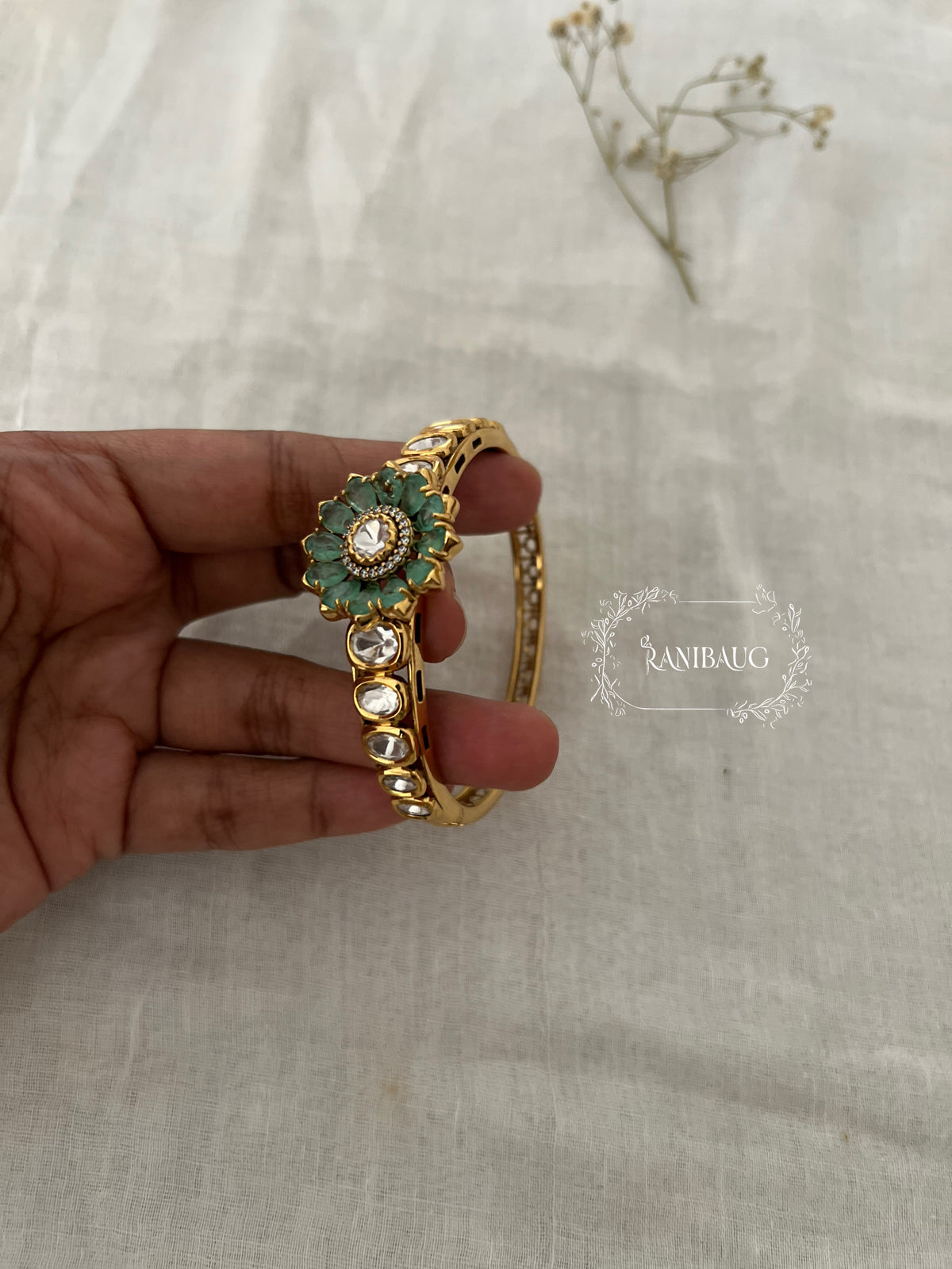 Falak Mint And Pink Flower Motif Polki Mossainite Gold Finish Bracelet By Ranibaug