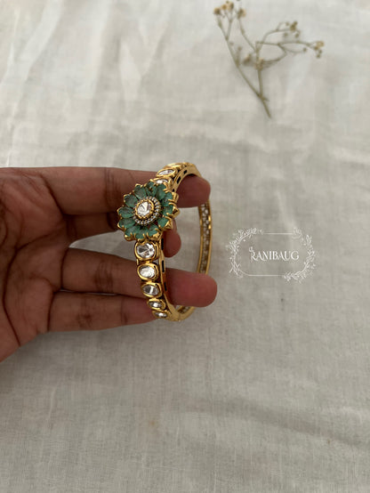 Falak Mint And Pink Flower Motif Polki Mossainite Gold Finish Bracelet By Ranibaug