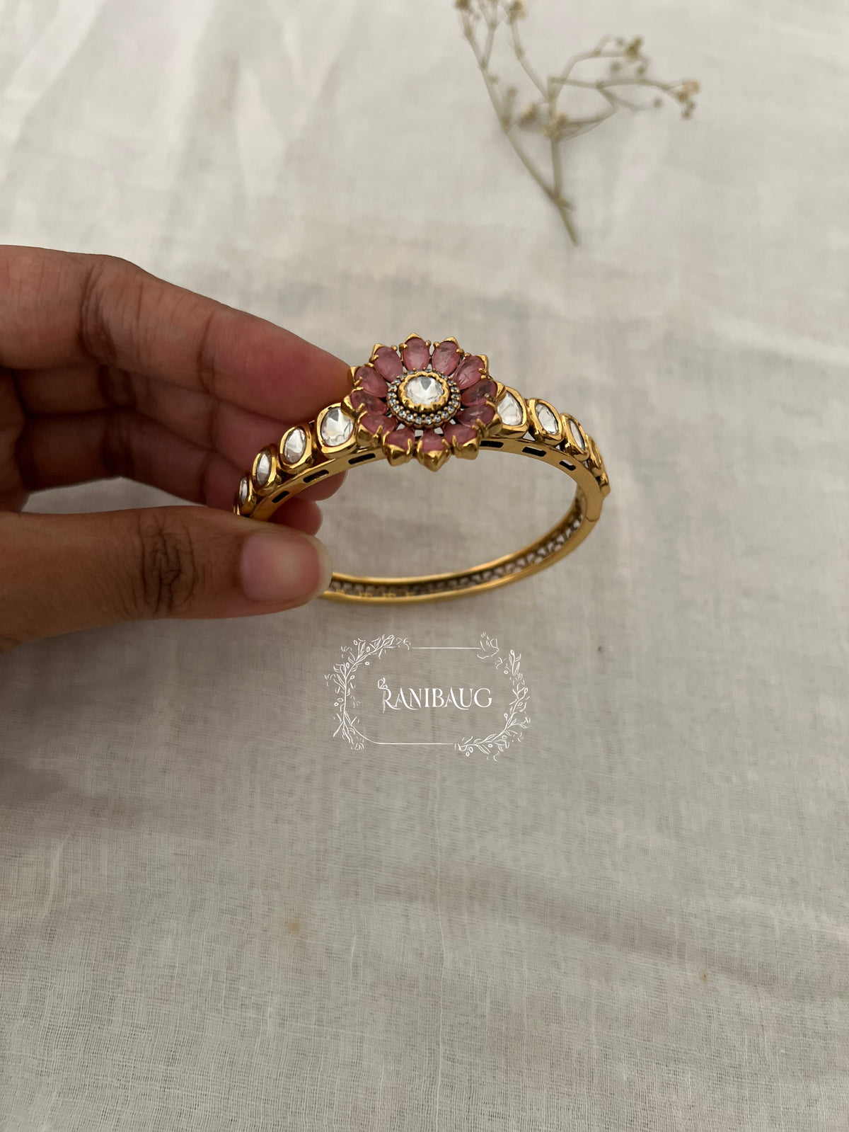 Falak Mint And Pink Flower Motif Polki Mossainite Gold Finish Bracelet By Ranibaug