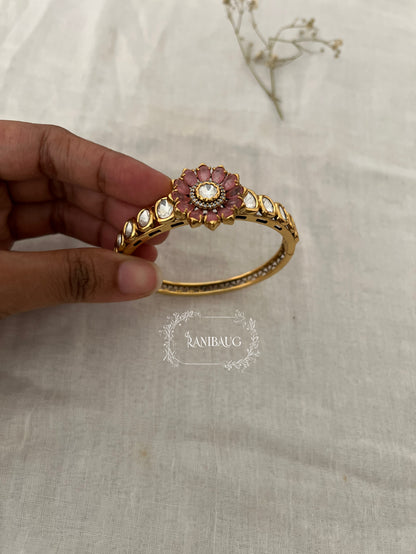 Falak Mint And Pink Flower Motif Polki Mossainite Gold Finish Bracelet By Ranibaug