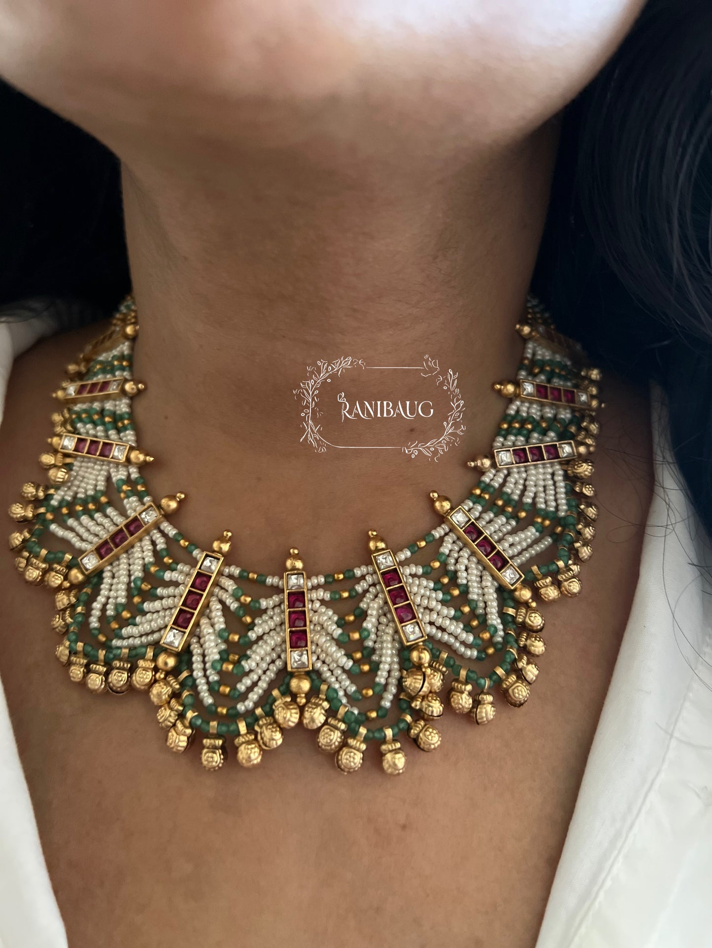 Falak Traditional Gold Plated Green And Ruby Accent Necklace Jewellery Set For Wedding By Ranibaug