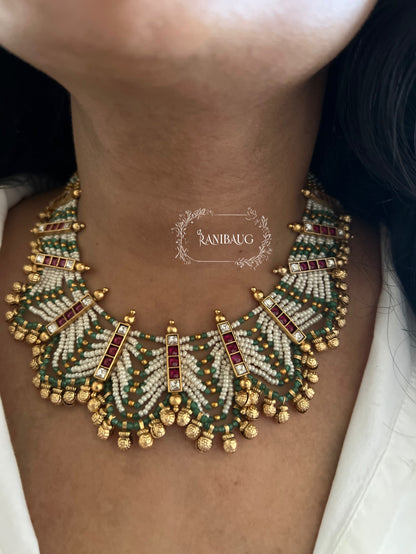 Falak Traditional Gold Plated Green And Ruby Accent Necklace Jewellery Set For Wedding By Ranibaug
