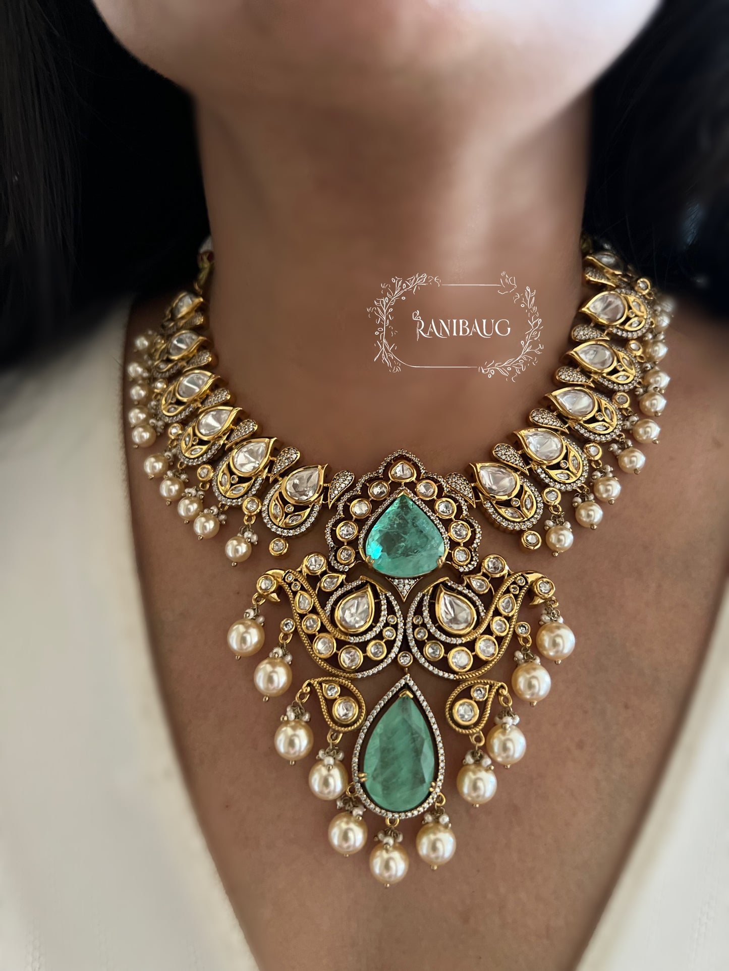 Firozi Teardrop Motif Polki Kundan And Mint Stone Studded Victorian Finish Pearl Adorned Premium Necklace Set By Ranibaug