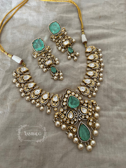 Firozi Teardrop Motif Polki Kundan And Mint Stone Studded Victorian Finish Pearl Adorned Premium Necklace Set By Ranibaug