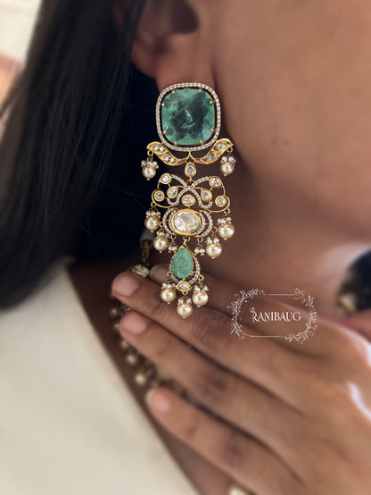 Firozi Teardrop Motif Polki Kundan And Mint Stone Studded Victorian Finish Pearl Adorned Premium Necklace Set By Ranibaug