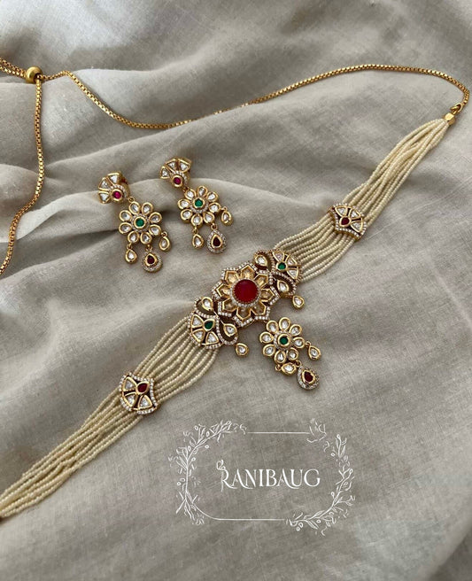 Chandni Polki Kundan Doladi Necklace With Jhumkis By Ranibaug