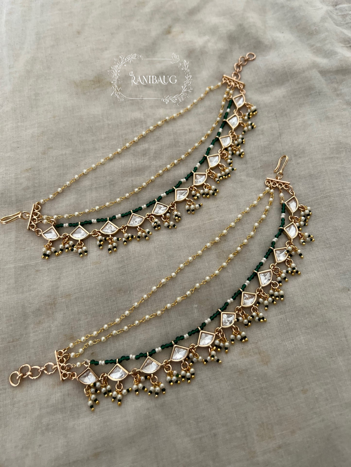 Gajalee Gold Finish Colored Bead And Tiny Pearls Accent Polki Kundan Fringe Drops Hair Chain Jewellery By Ranibaug