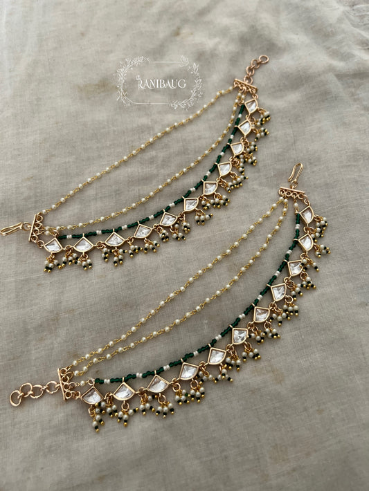 Gajalee Gold Finish Colored Bead And Tiny Pearls Accent Polki Kundan Fringe Drops Hair Chain Jewellery By Ranibaug