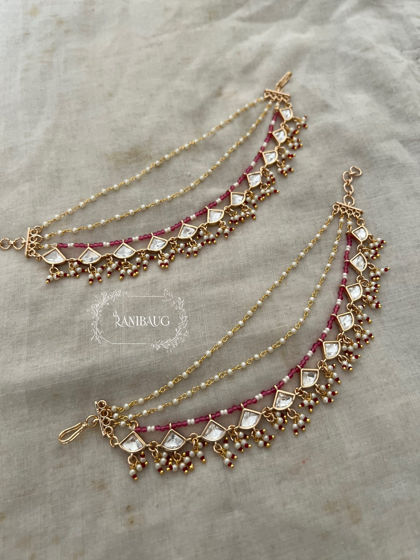 Gajalee Gold Finish Colored Bead And Tiny Pearls Accent Polki Kundan Fringe Drops Hair Chain Jewellery By Ranibaug
