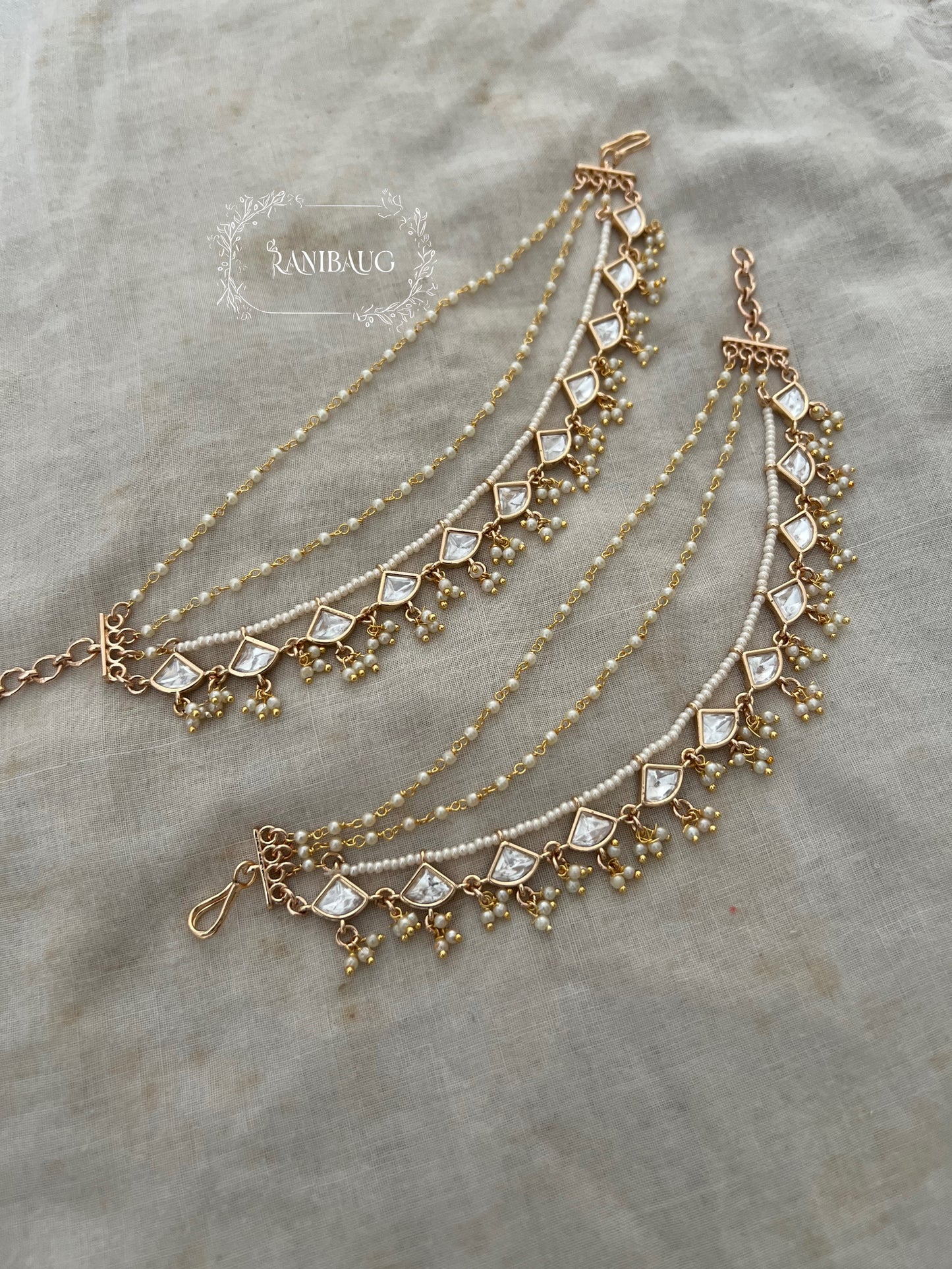 Gajalee Gold Finish Colored Bead And Tiny Pearls Accent Polki Kundan Fringe Drops Hair Chain Jewellery By Ranibaug